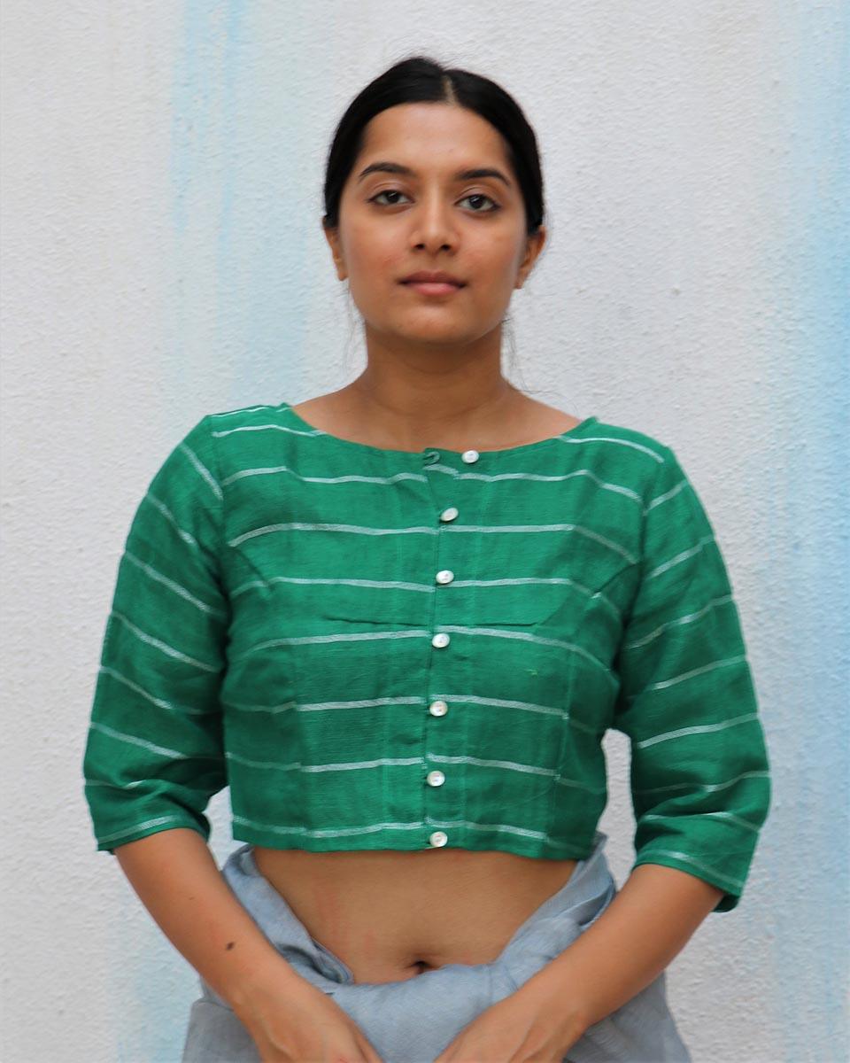 Green Handwoven Linen Zari Blouse - Everyday Beautiful