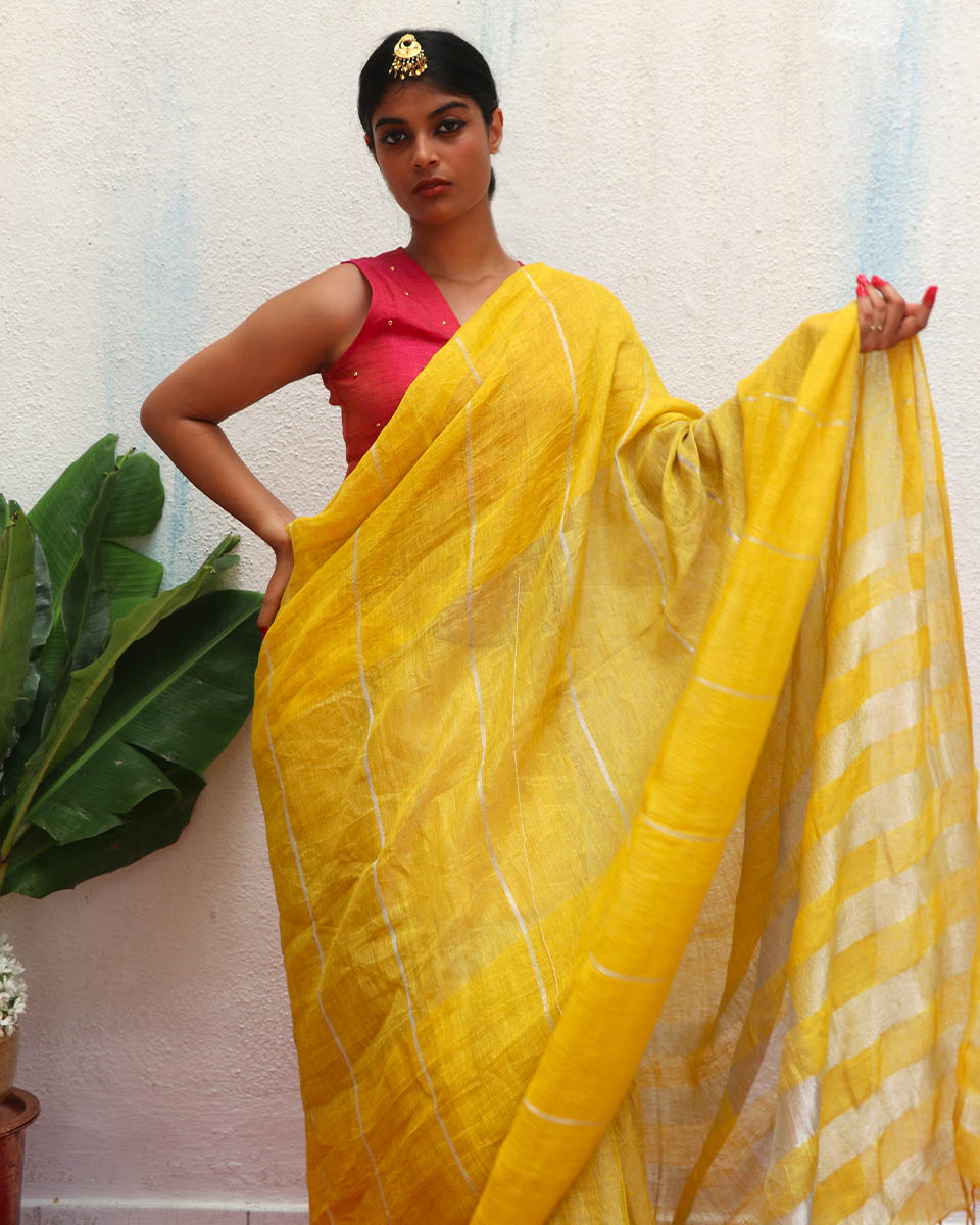 Arunima Yellow Handwoven Linen Zari Saree - Eknoor