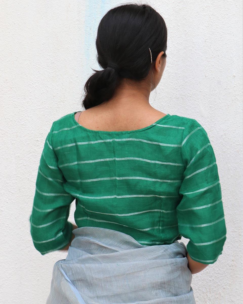 Green Handwoven Linen Zari Blouse - Everyday Beautiful