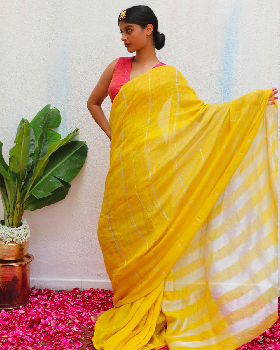 Arunima Yellow Handwoven Linen Zari Saree - Eknoor