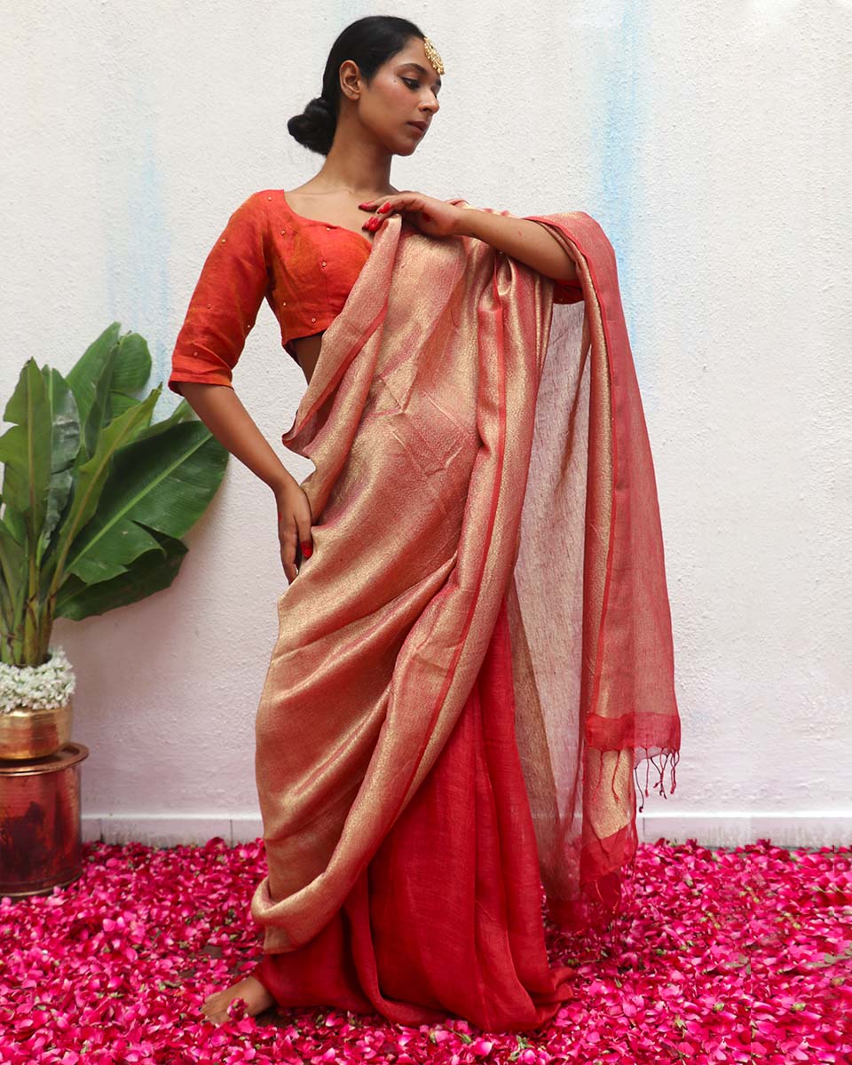 Bibha Handwoven Linen Zari Saree - Eknoor