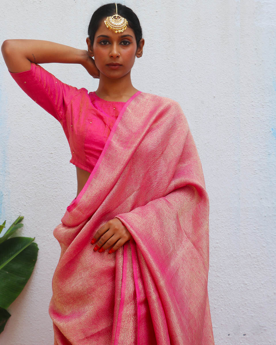 Ojaswee Rani Pink Handwoven Linen Zari Saree - Eknoor