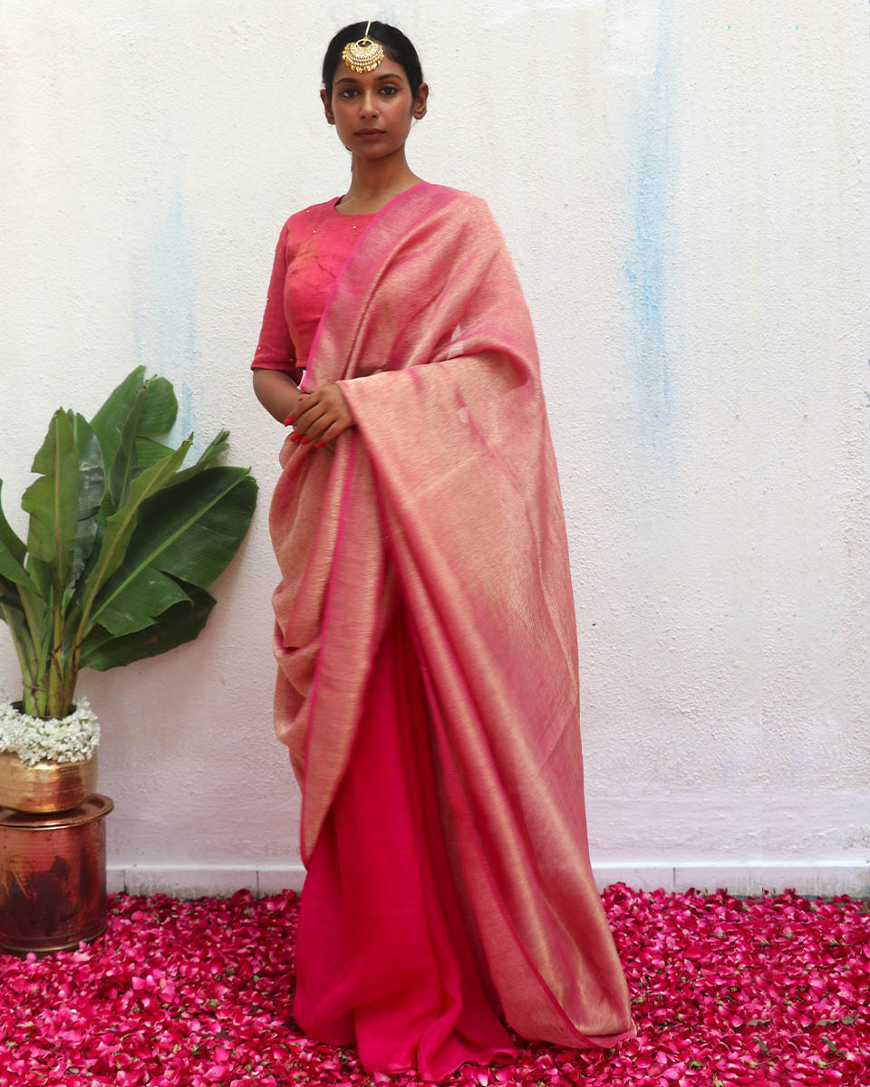 Ojaswee Rani Pink Handwoven Linen Zari Saree - Eknoor