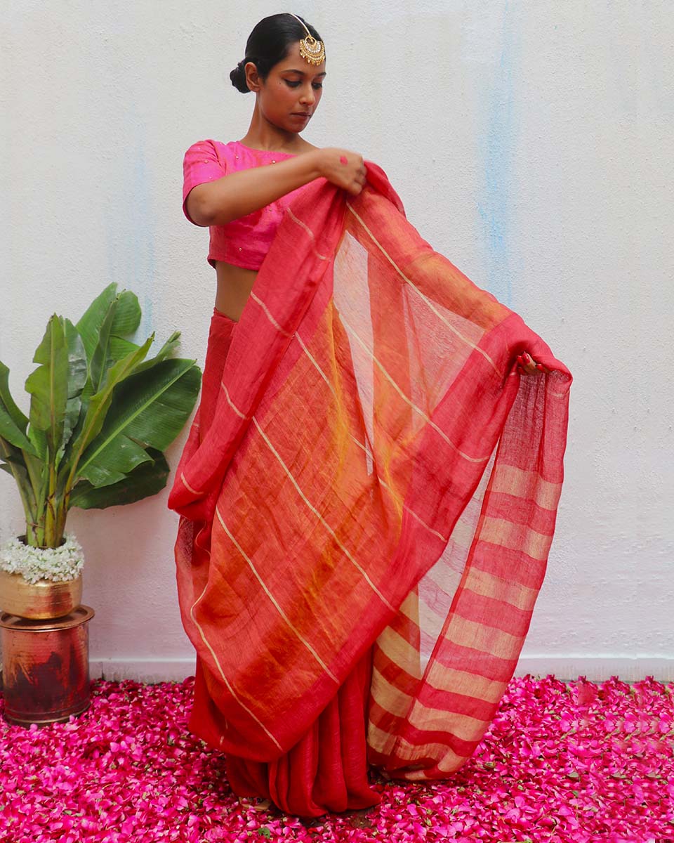 Jyotsna Handwoven Linen Zari Saree - Eknoor