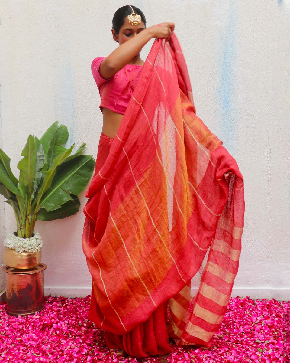 Jyotsna Handwoven Linen Zari Saree - Eknoor