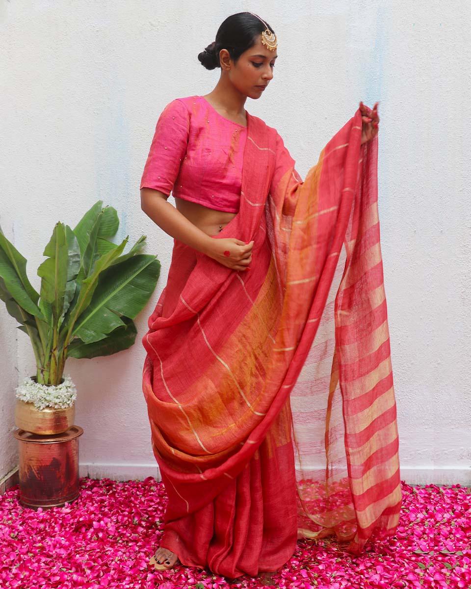 Jyotsna Handwoven Linen Zari Saree - Eknoor