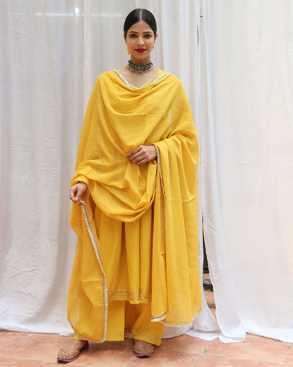 Twilight Yellow Mulmul Cotton Kurta Set with Dupatta Set of 3- Jugnoo