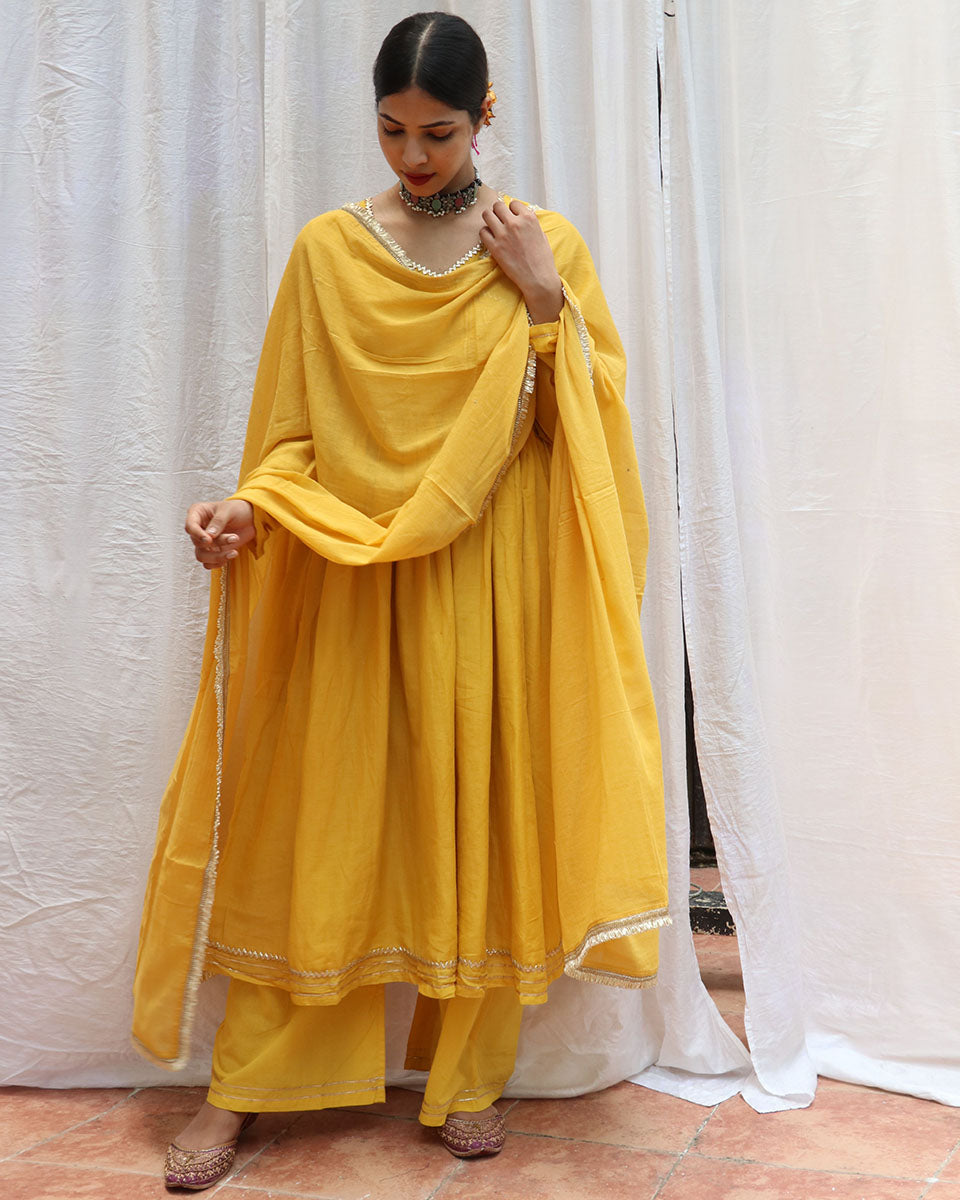 Twilight Yellow Mulmul Cotton Kurta Set with Dupatta Set of 3- Jugnoo