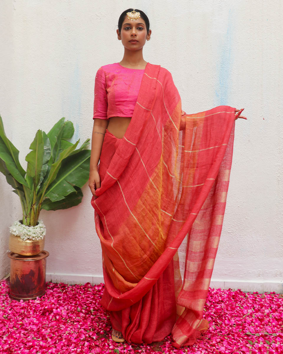 Jyotsna Handwoven Linen Zari Saree - Eknoor