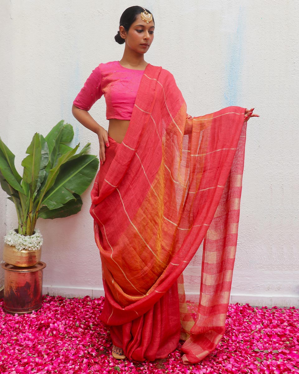 Jyotsna Handwoven Linen Zari Saree - Eknoor