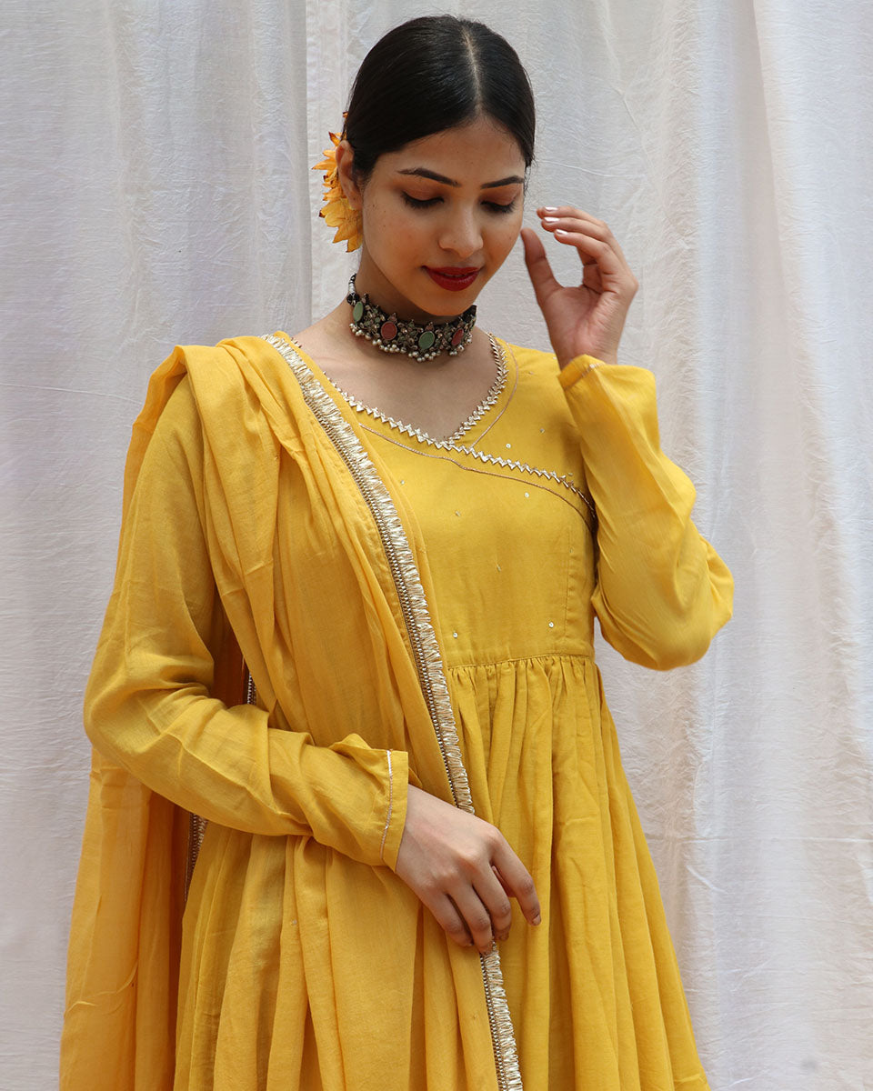 Twilight Yellow Mulmul Cotton Kurta Set with Dupatta Set of 3- Jugnoo