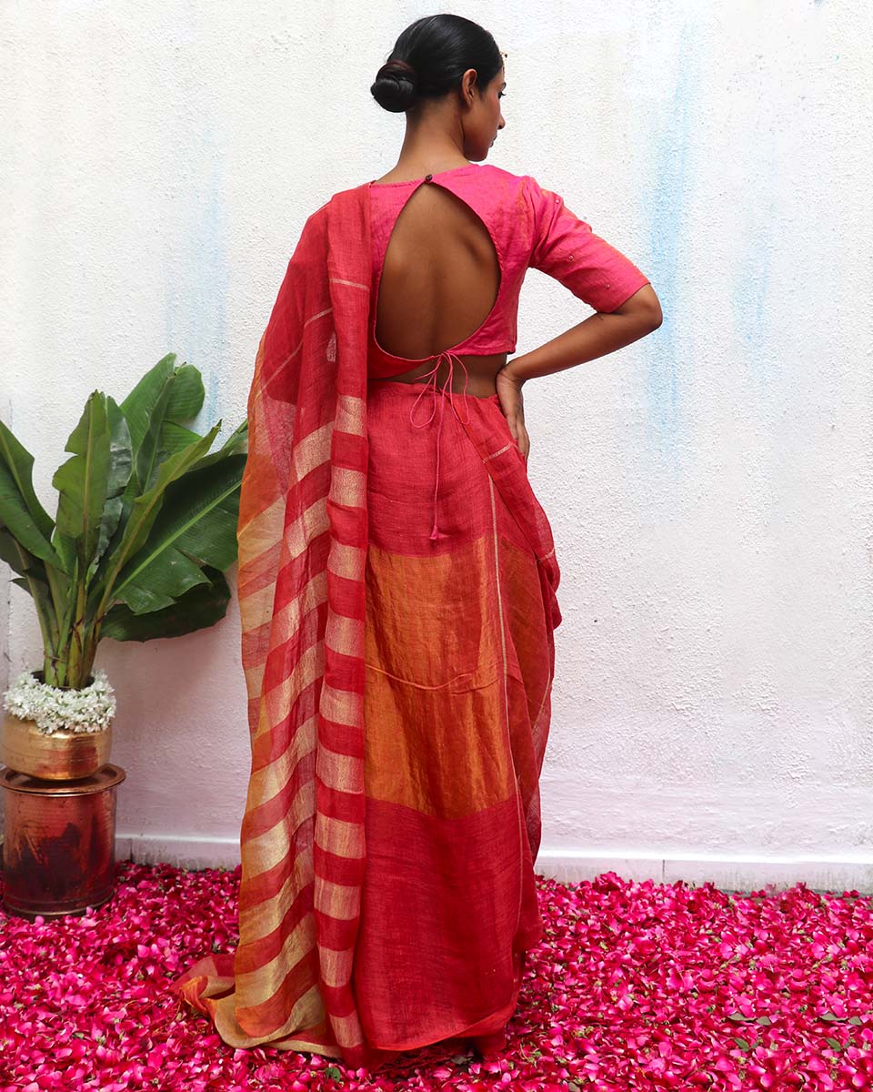 Jyotsna Handwoven Linen Zari Saree - Eknoor