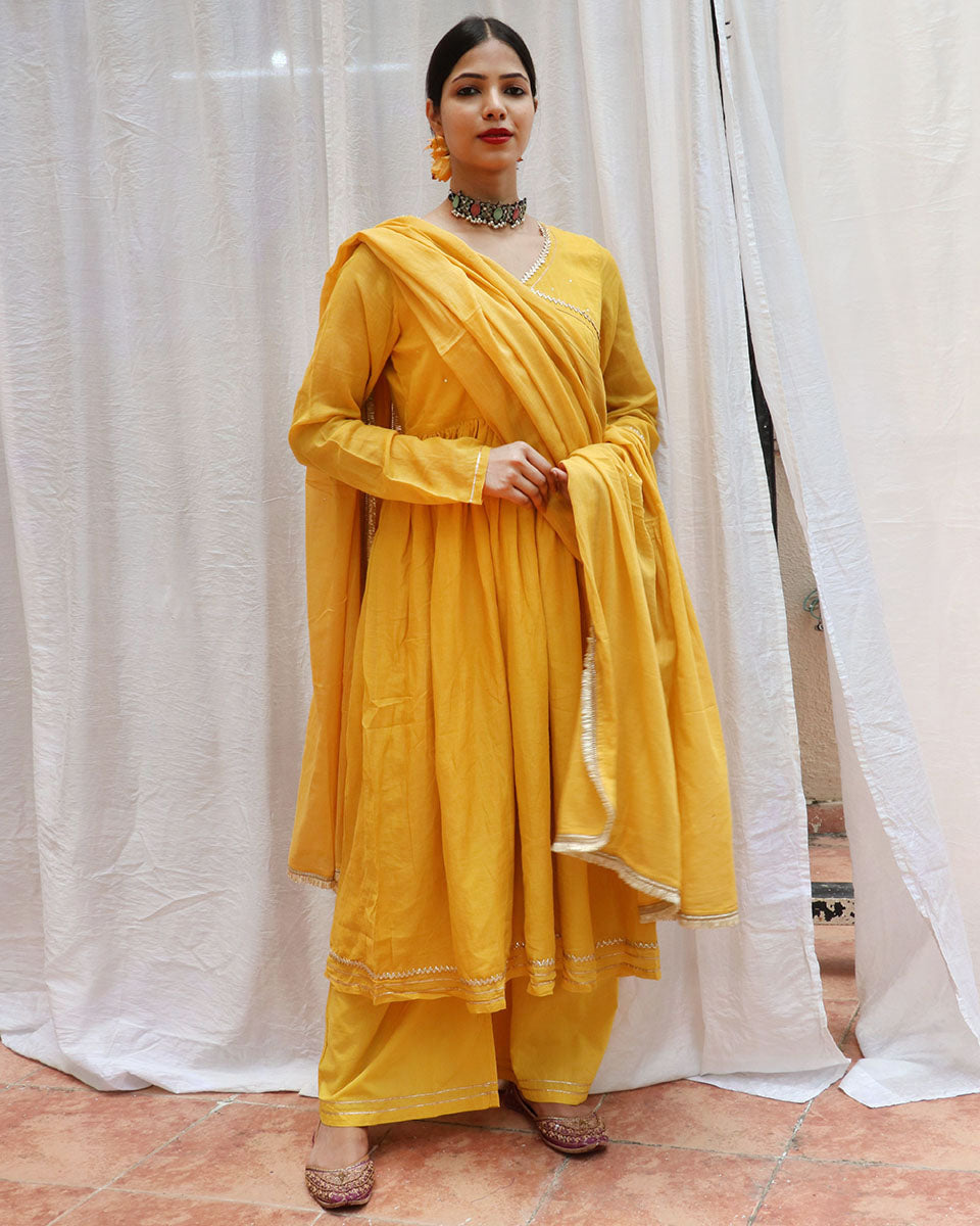 Twilight Yellow Mulmul Cotton Kurta Set with Dupatta Set of 3- Jugnoo