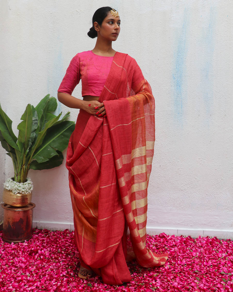 Jyotsna Handwoven Linen Zari Saree - Eknoor