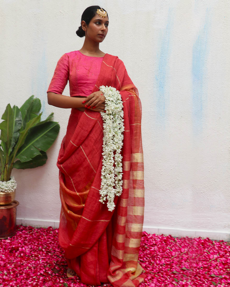 Jyotsna Handwoven Linen Zari Saree - Eknoor