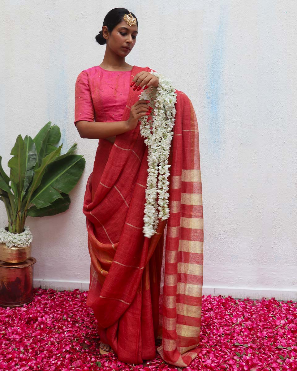 Jyotsna Handwoven Linen Zari Saree - Eknoor