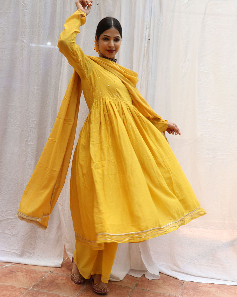 Twilight Yellow Mulmul Cotton Kurta Set with Dupatta Set of 3- Jugnoo