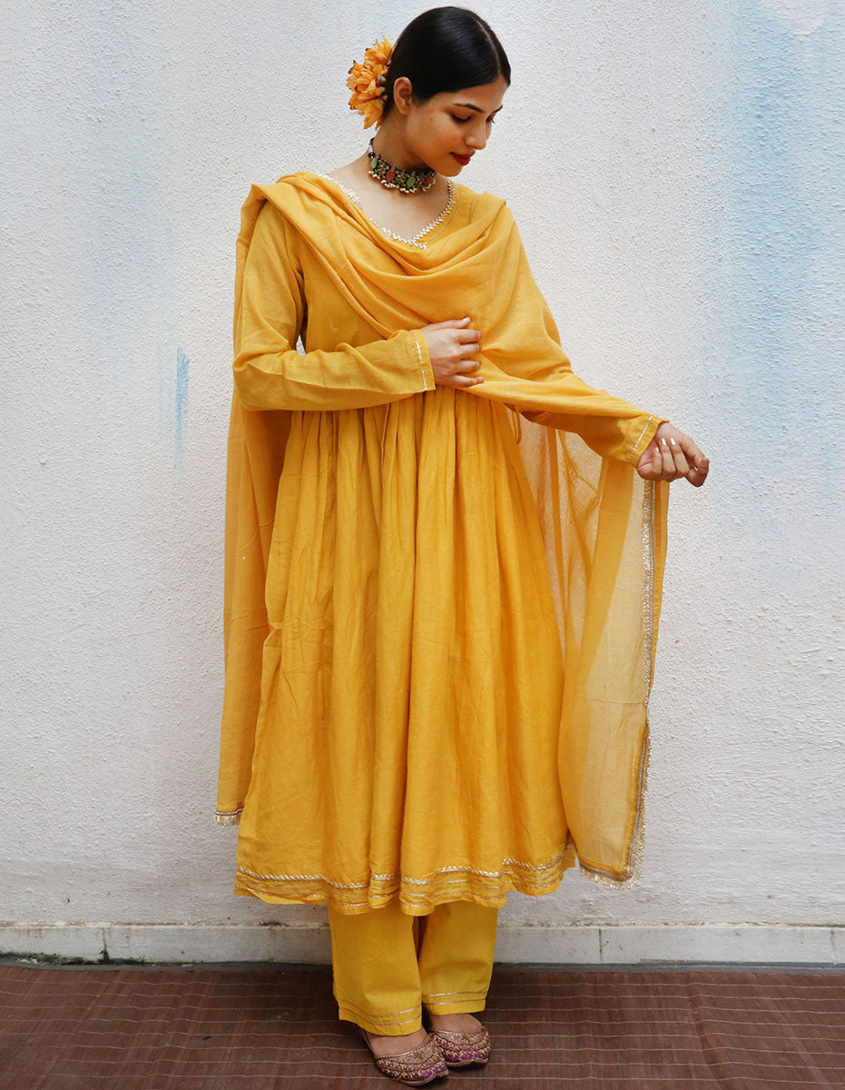 Twilight Yellow Mulmul Cotton Kurta Set with Dupatta Set of 3- Jugnoo