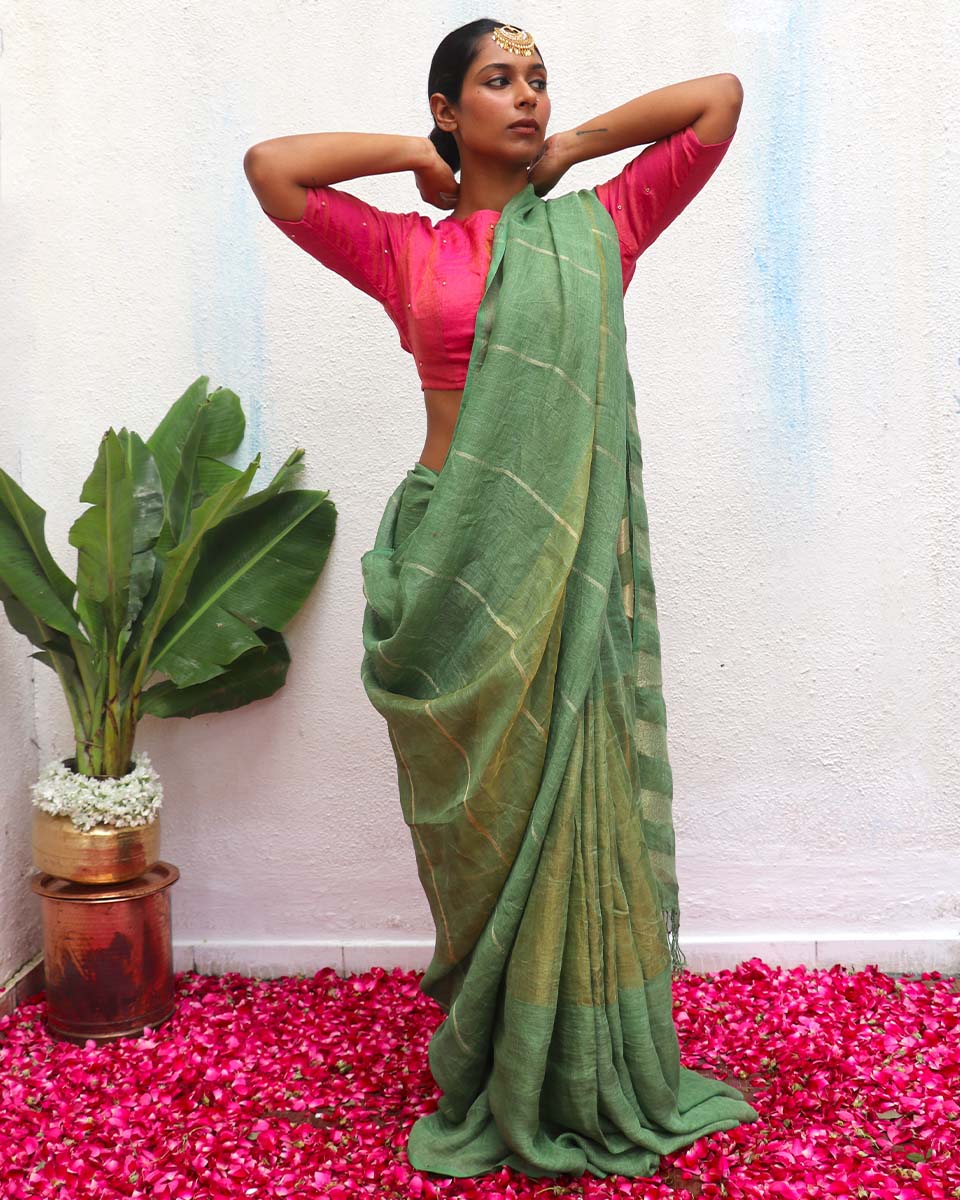 Deepthika Handwoven Linen Zari Saree - Eknoor