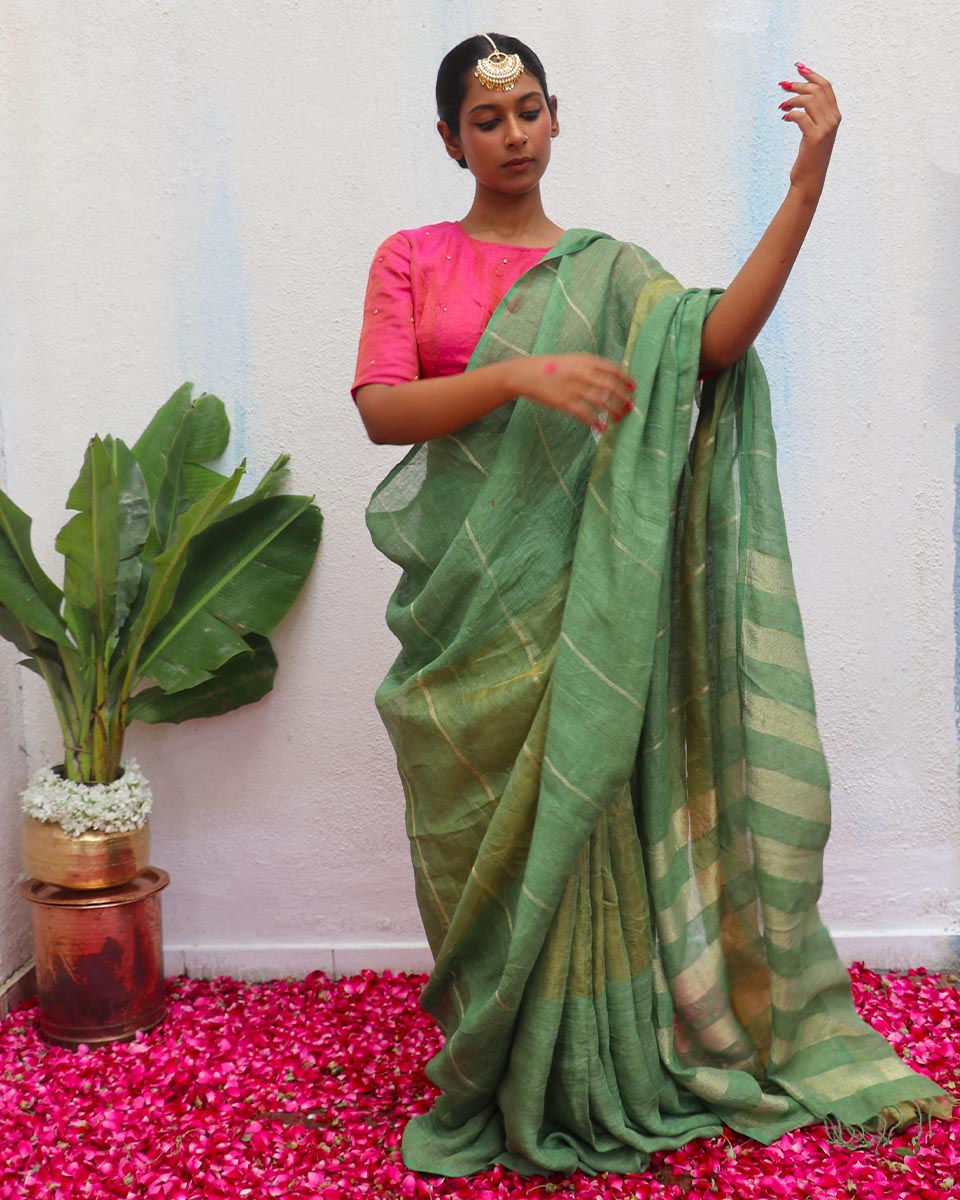 Deepthika Handwoven Linen Zari Saree - Eknoor