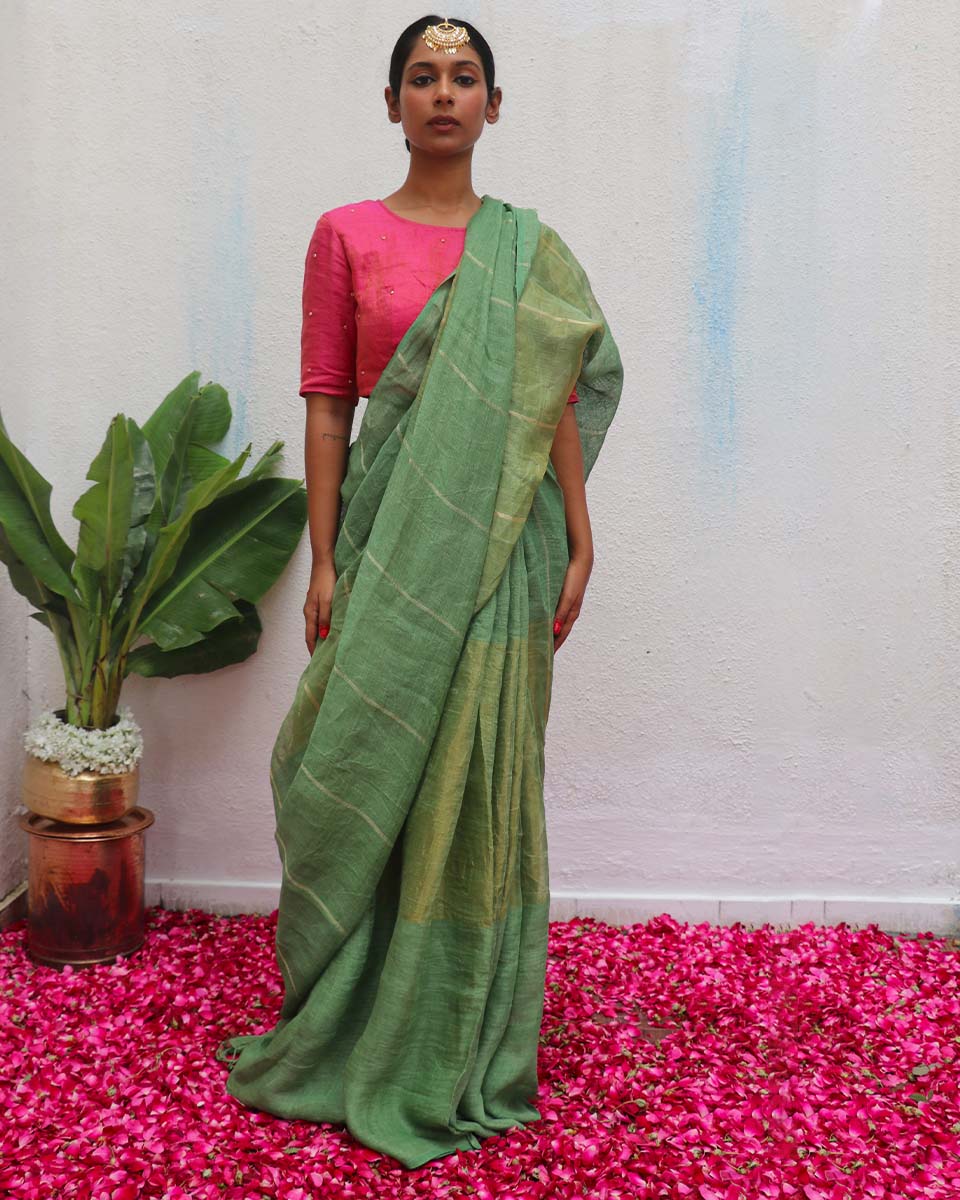 Deepthika Handwoven Linen Zari Saree - Eknoor