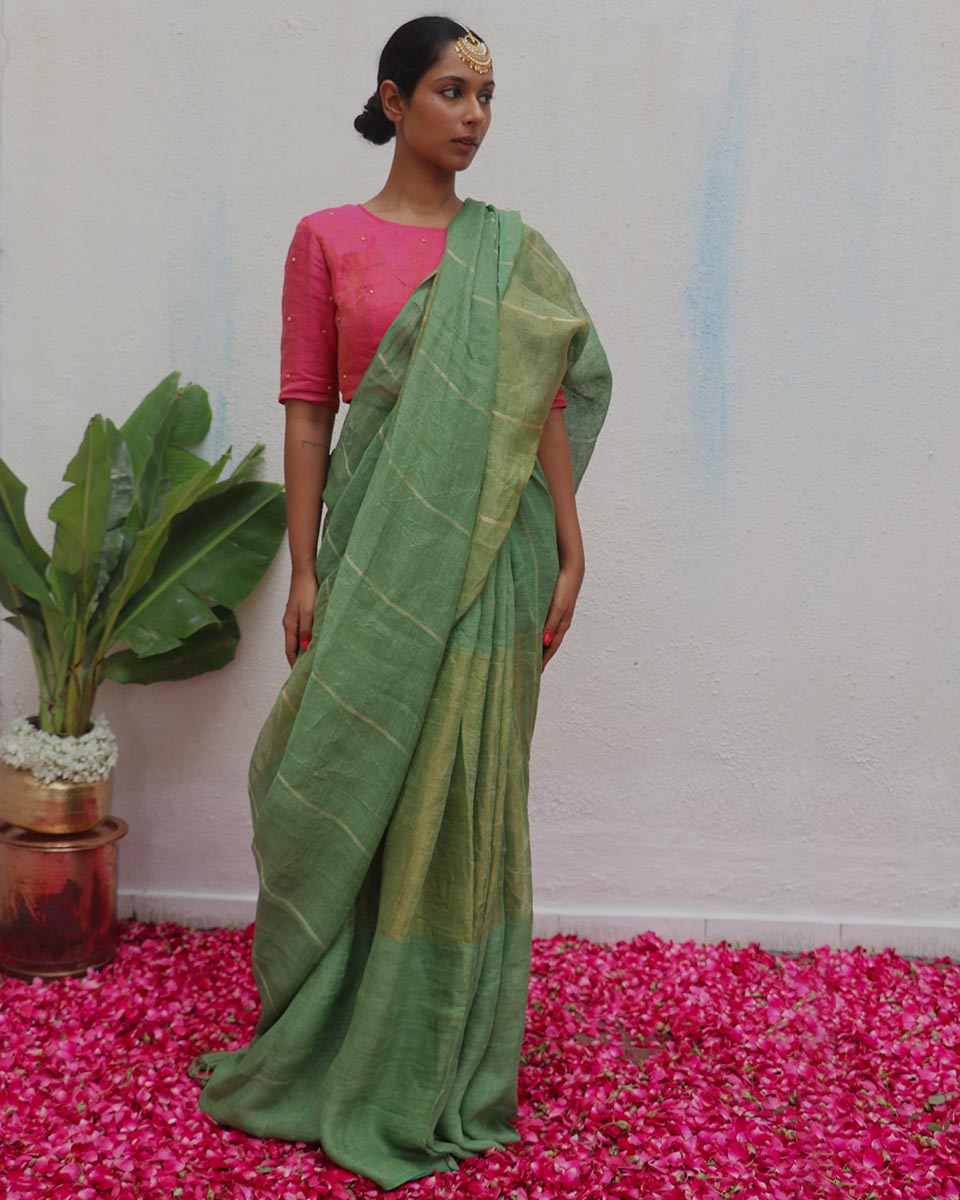 Deepthika Handwoven Linen Zari Saree - Eknoor