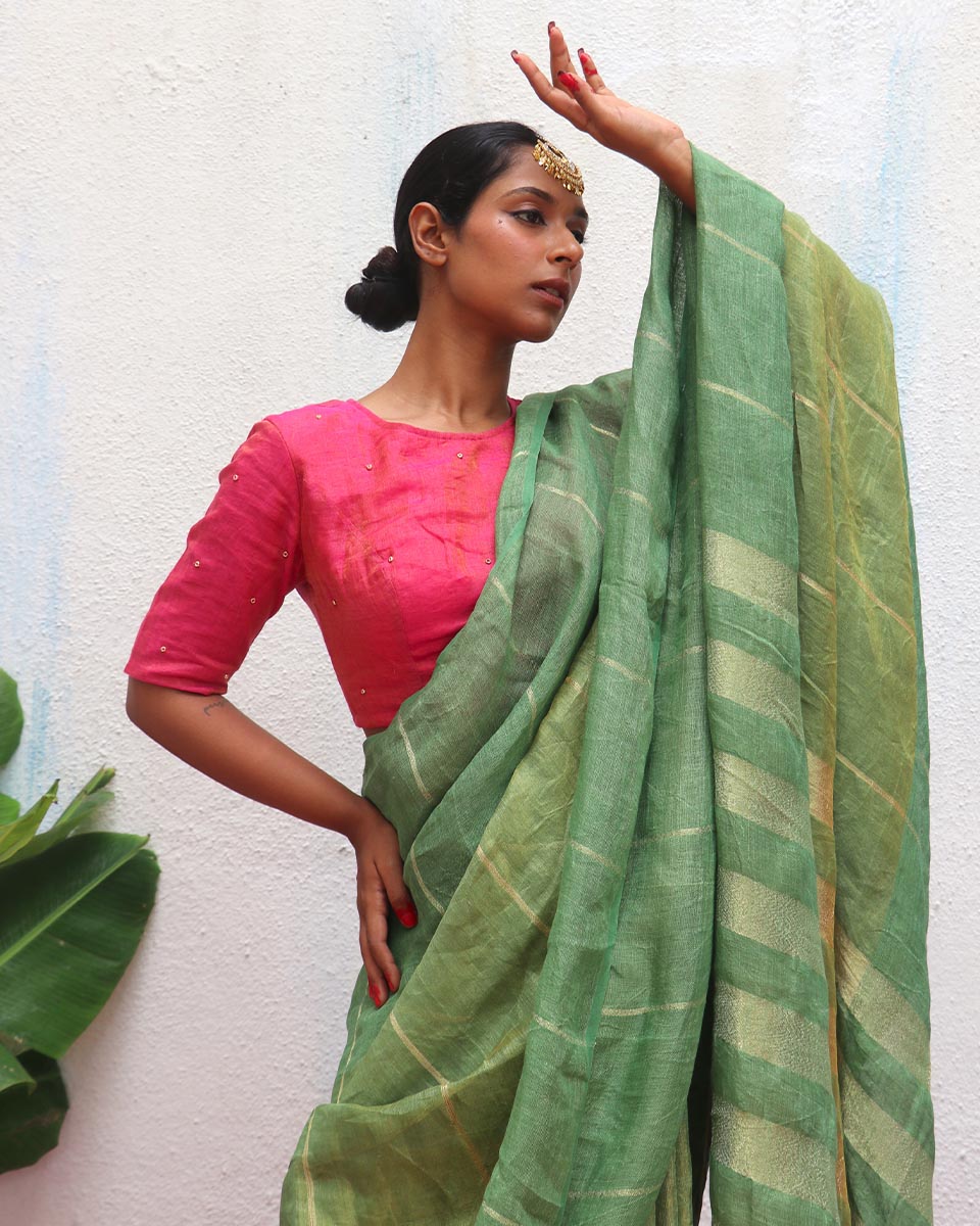 Deepthika Handwoven Linen Zari Saree - Eknoor