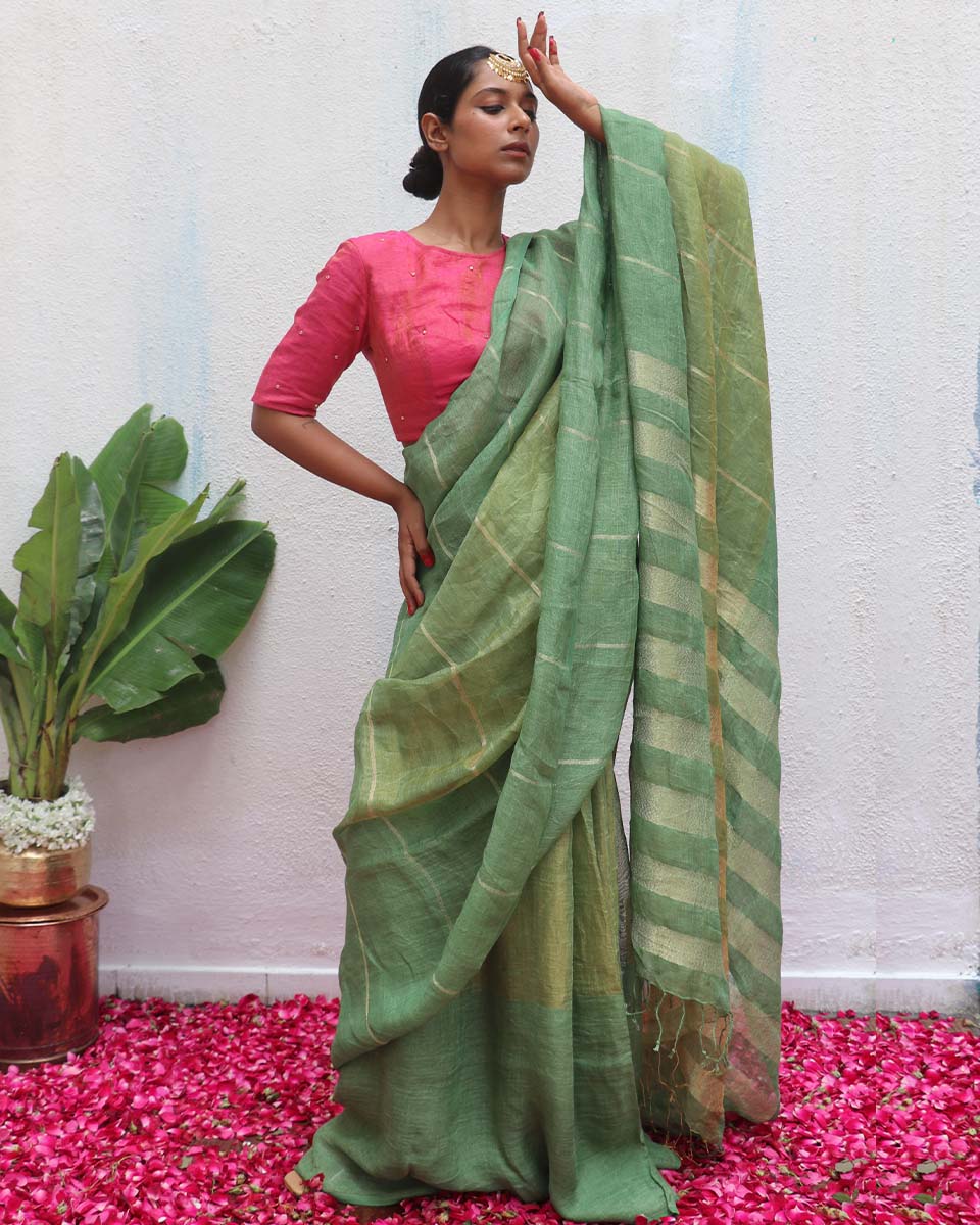 Deepthika Green Handwoven Linen Zari Saree - Eknoor