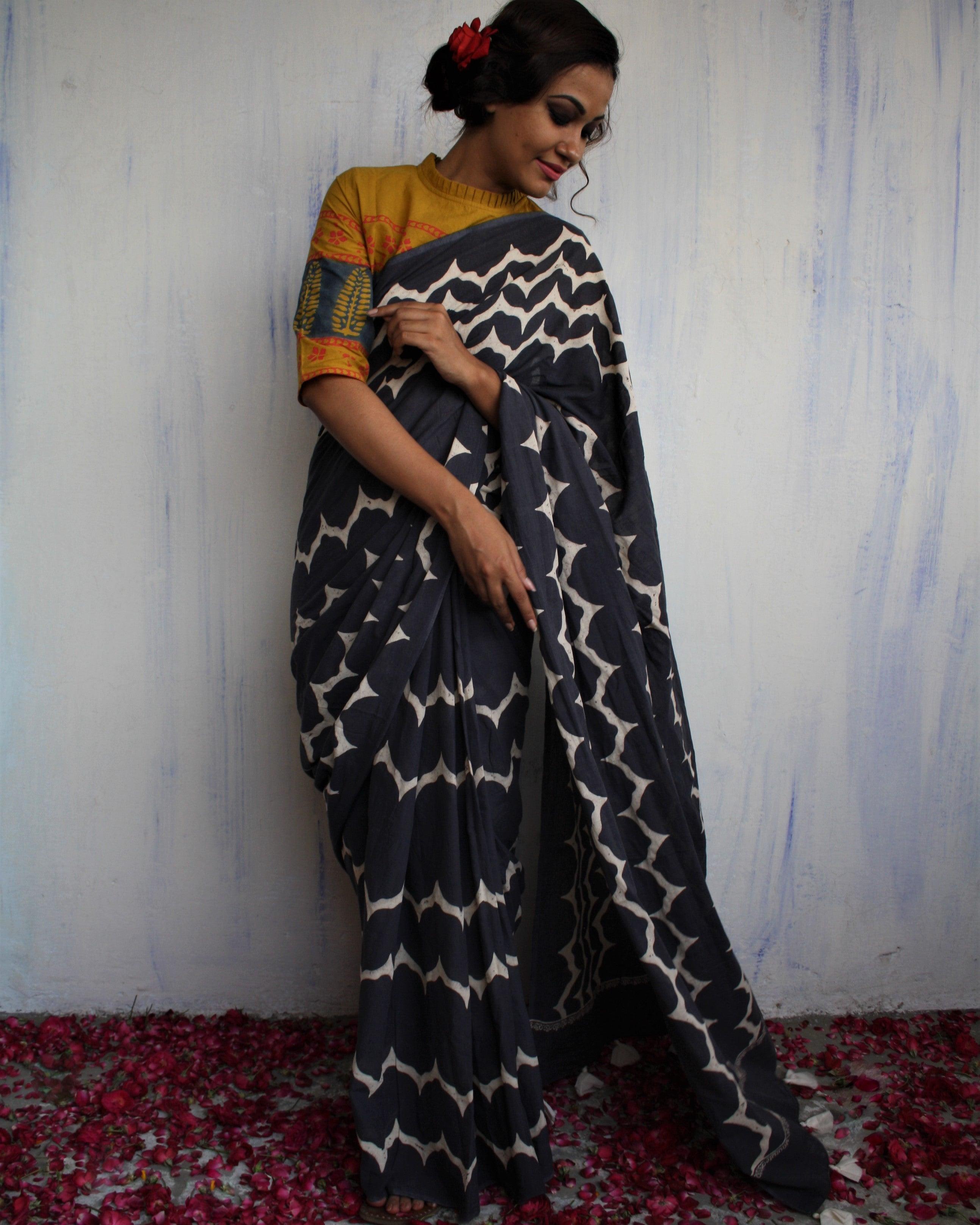 Midnight Blue & White Printed Pure Cotton Saree