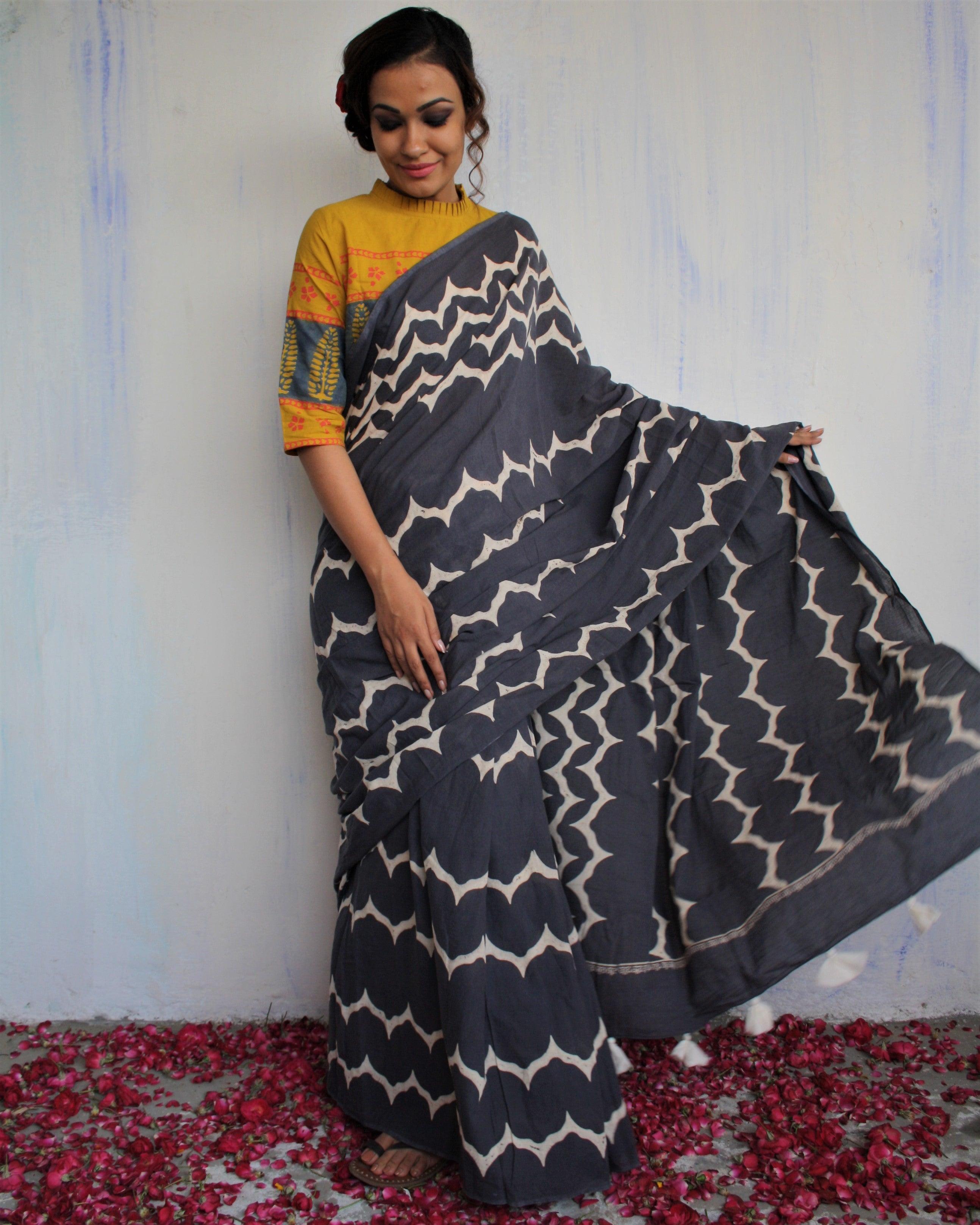 Midnight Blue & White Printed Pure Cotton Saree