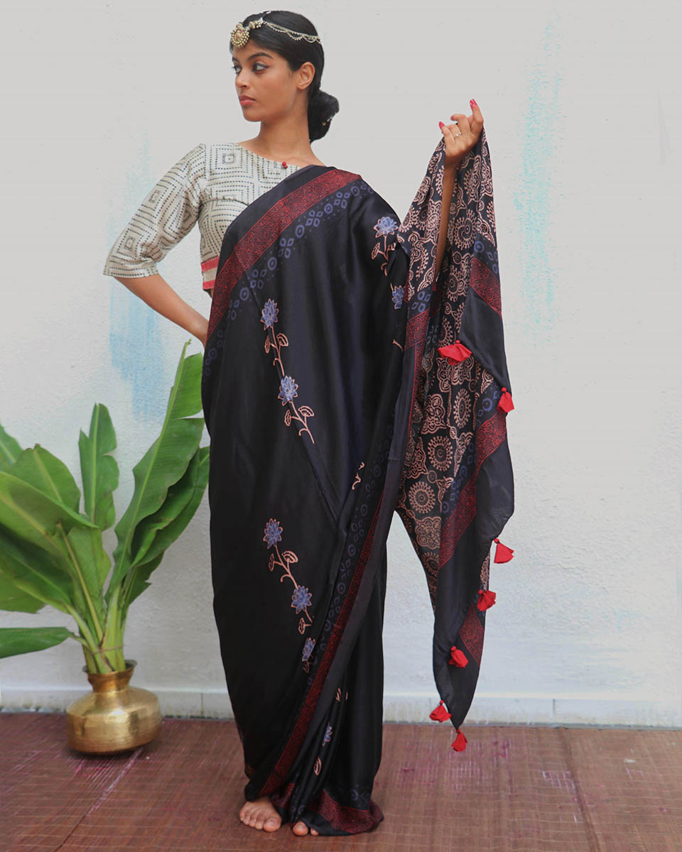 Ahima Blockprinted Modal Silk Saree - Jaisal