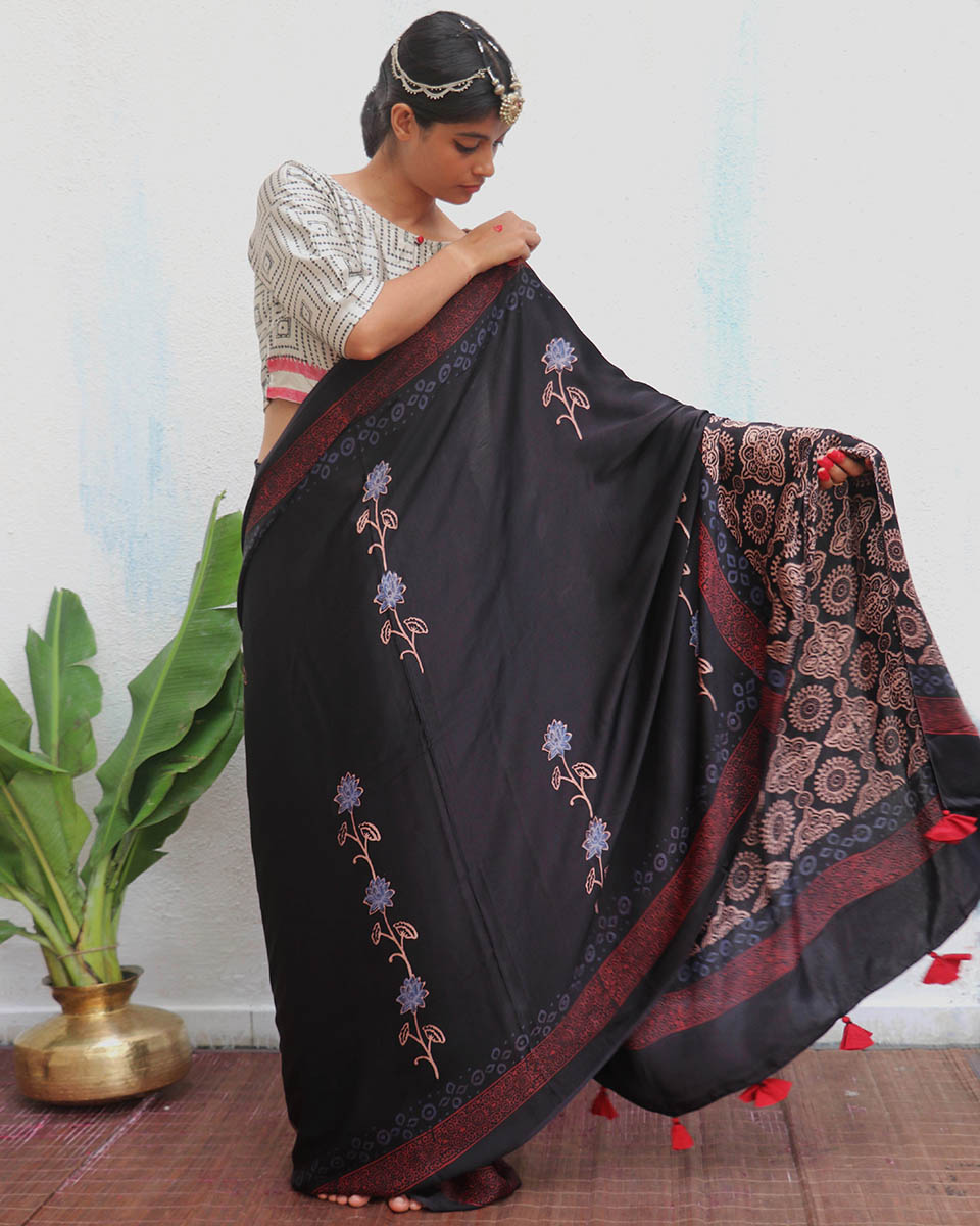 Ahima Blockprinted Modal Silk Saree - Jaisal