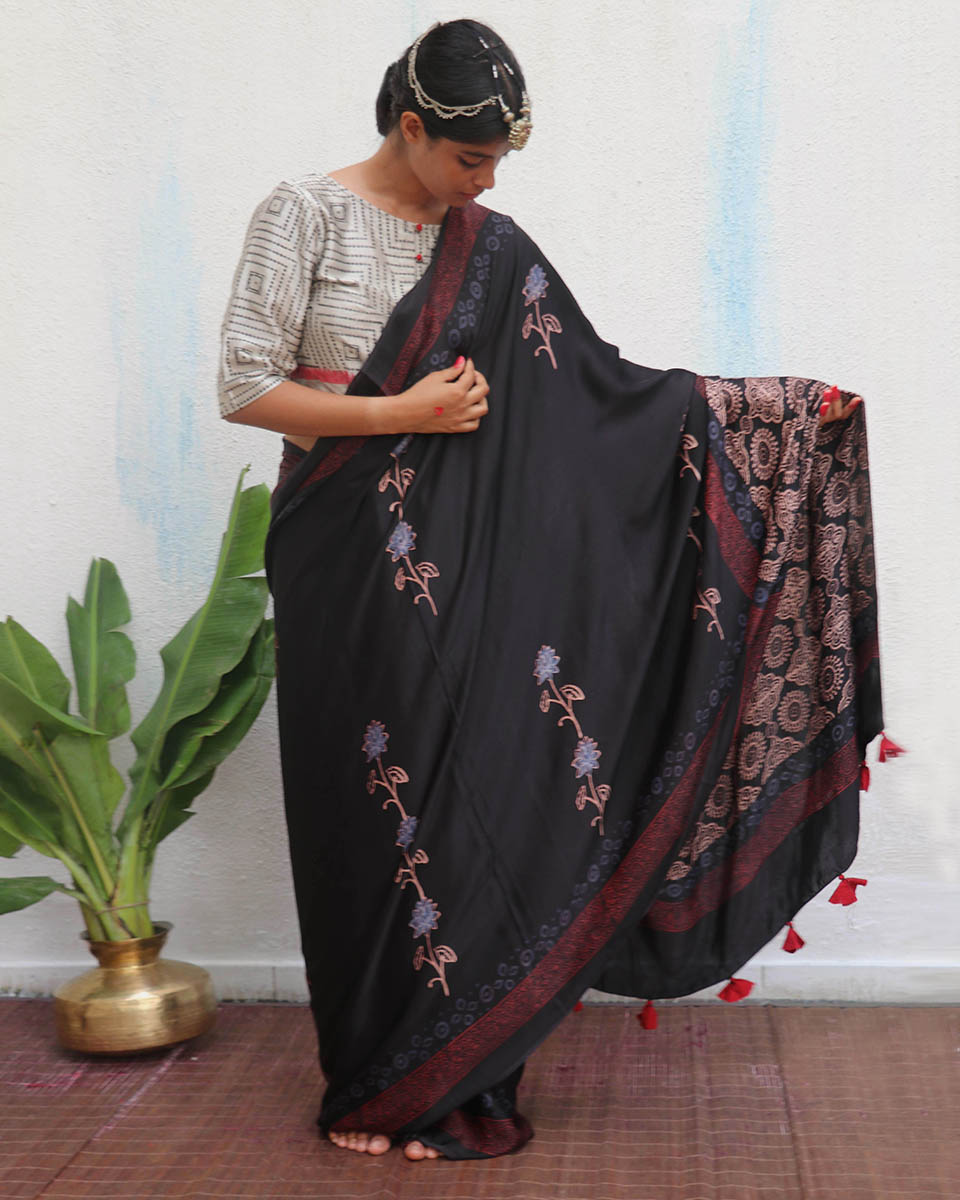 Ahima Blockprinted Modal Silk Saree - Jaisal