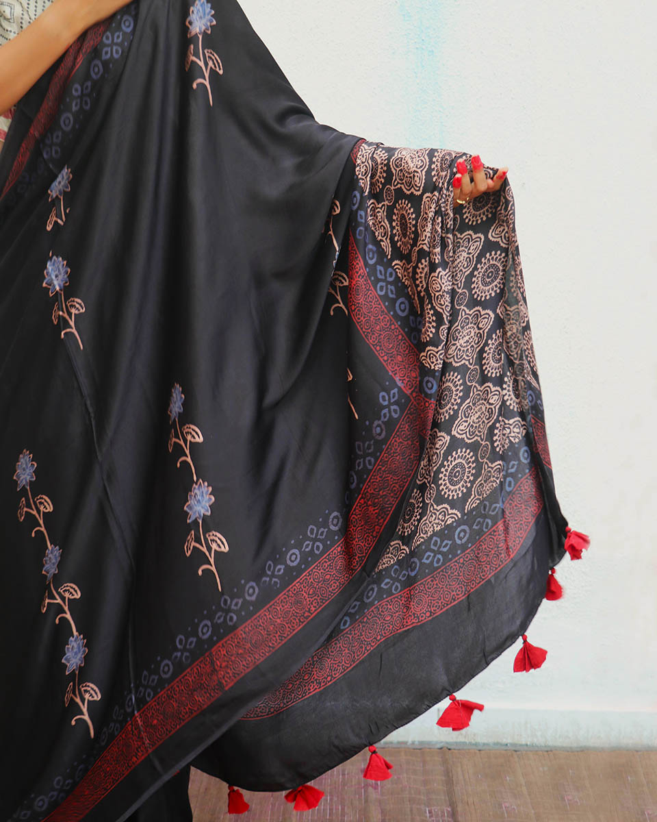 Ahima Blockprinted Modal Silk Saree - Jaisal