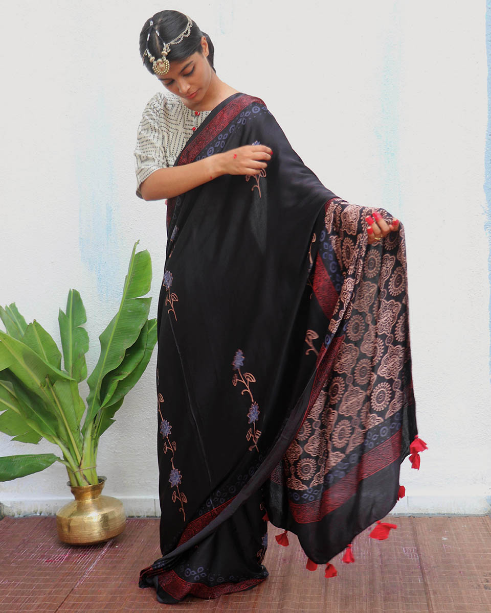 Ahima Blockprinted Modal Silk Saree - Jaisal