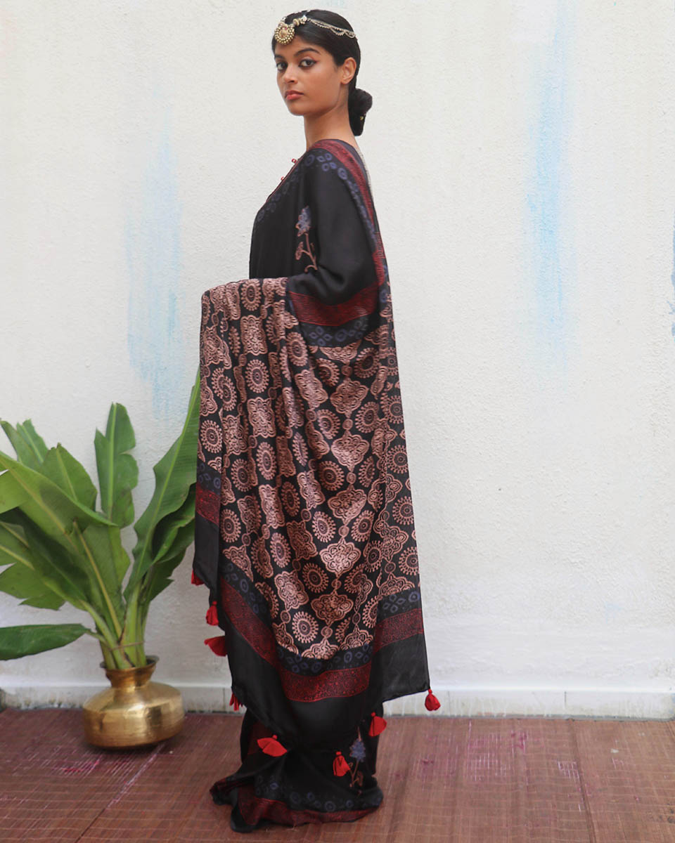 Ahima Blockprinted Modal Silk Saree - Jaisal