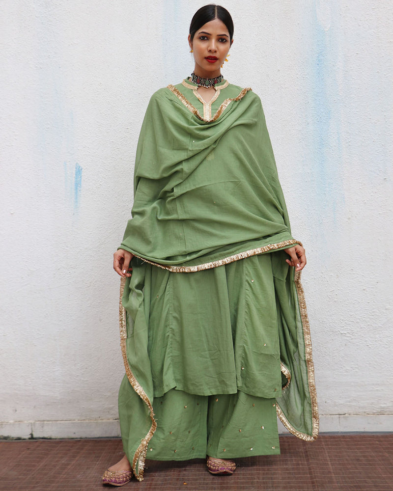 Akash Green Mulmul Cotton Kurta Set with Dupatta Set of 3 - Jugnoo