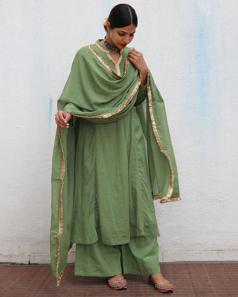 Akash Green Mulmul Cotton Kurta Set with Dupatta Set of 3 - Jugnoo