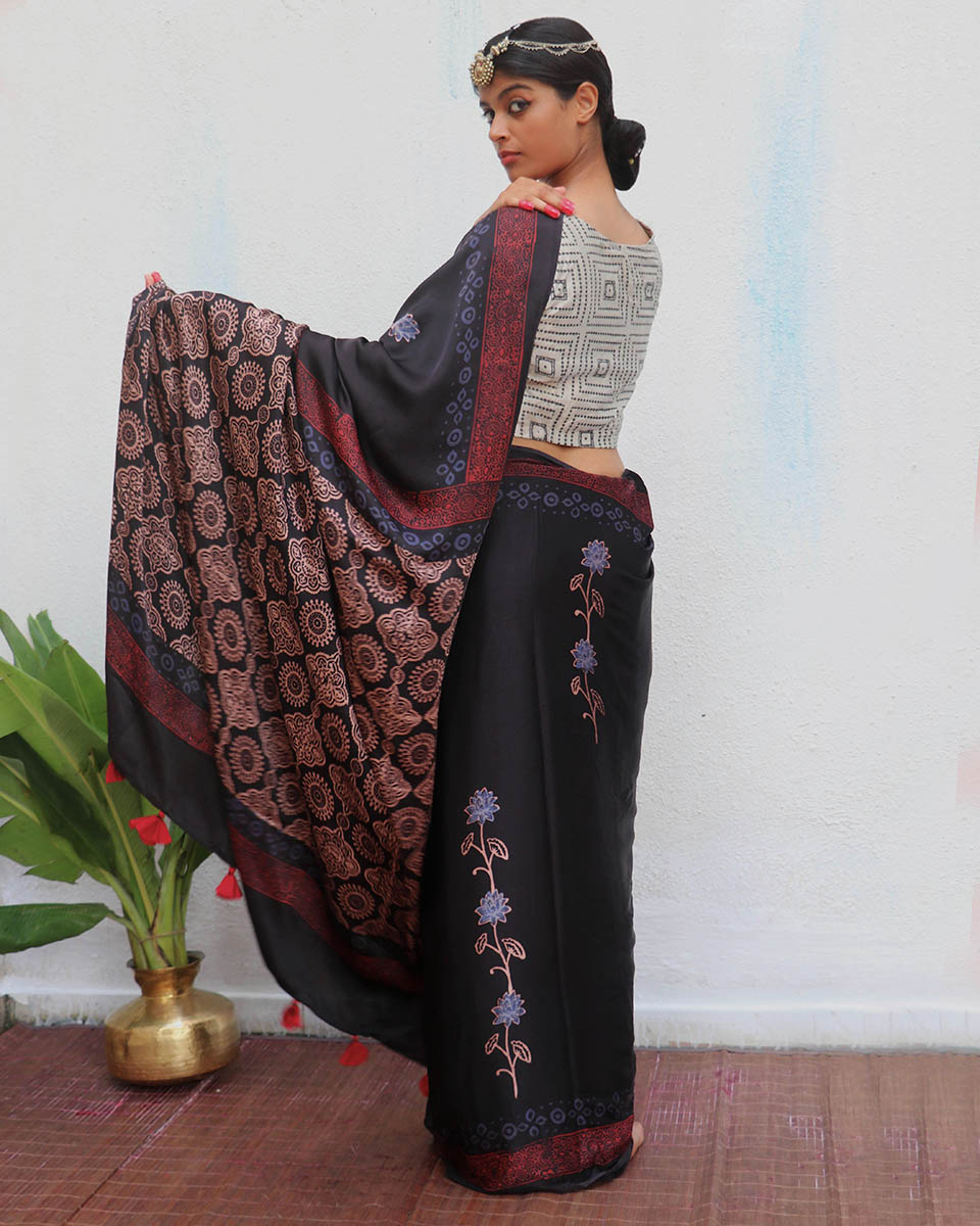 Ahima Blockprinted Modal Silk Saree - Jaisal