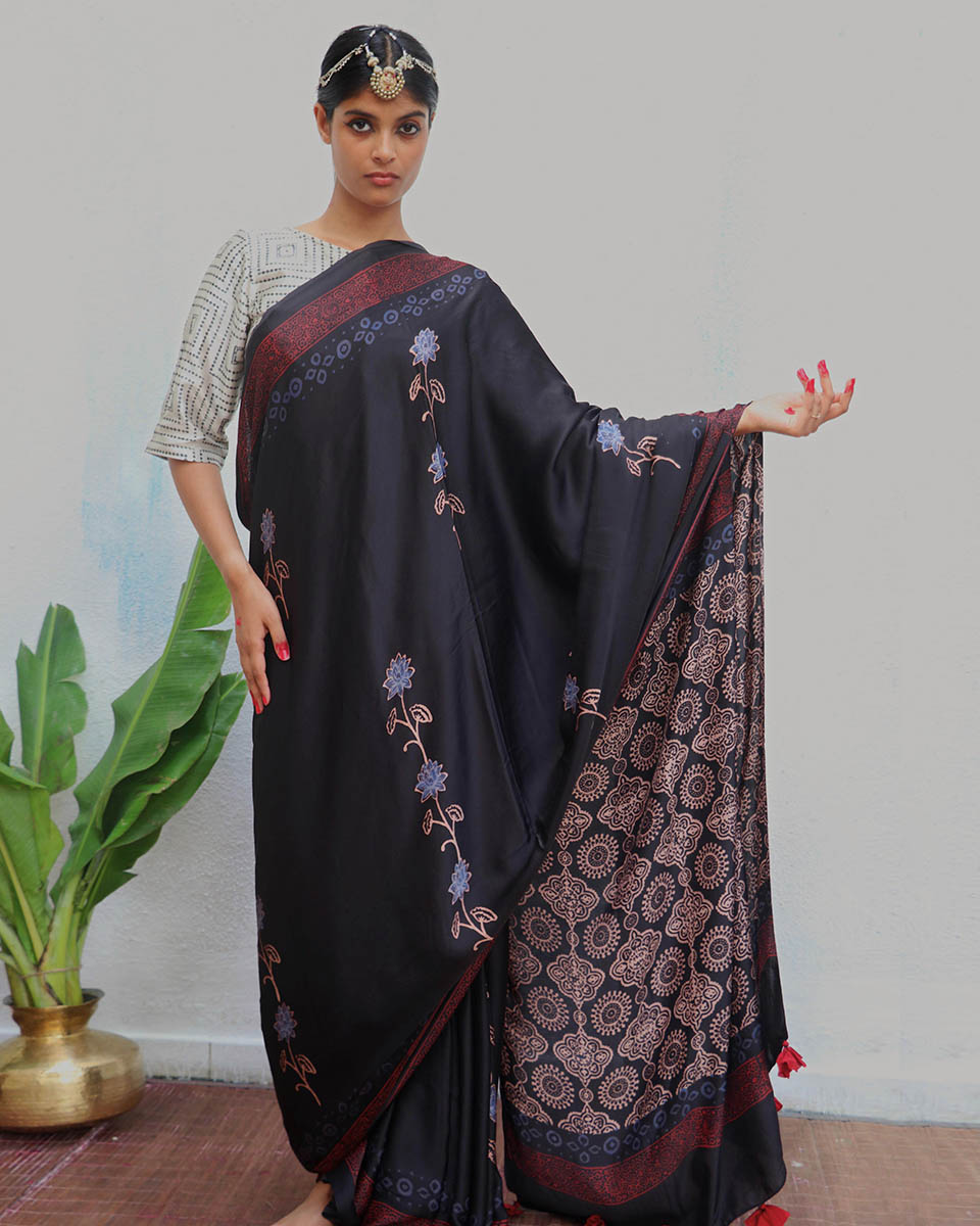 Ahima Blockprinted Modal Silk Saree - Jaisal