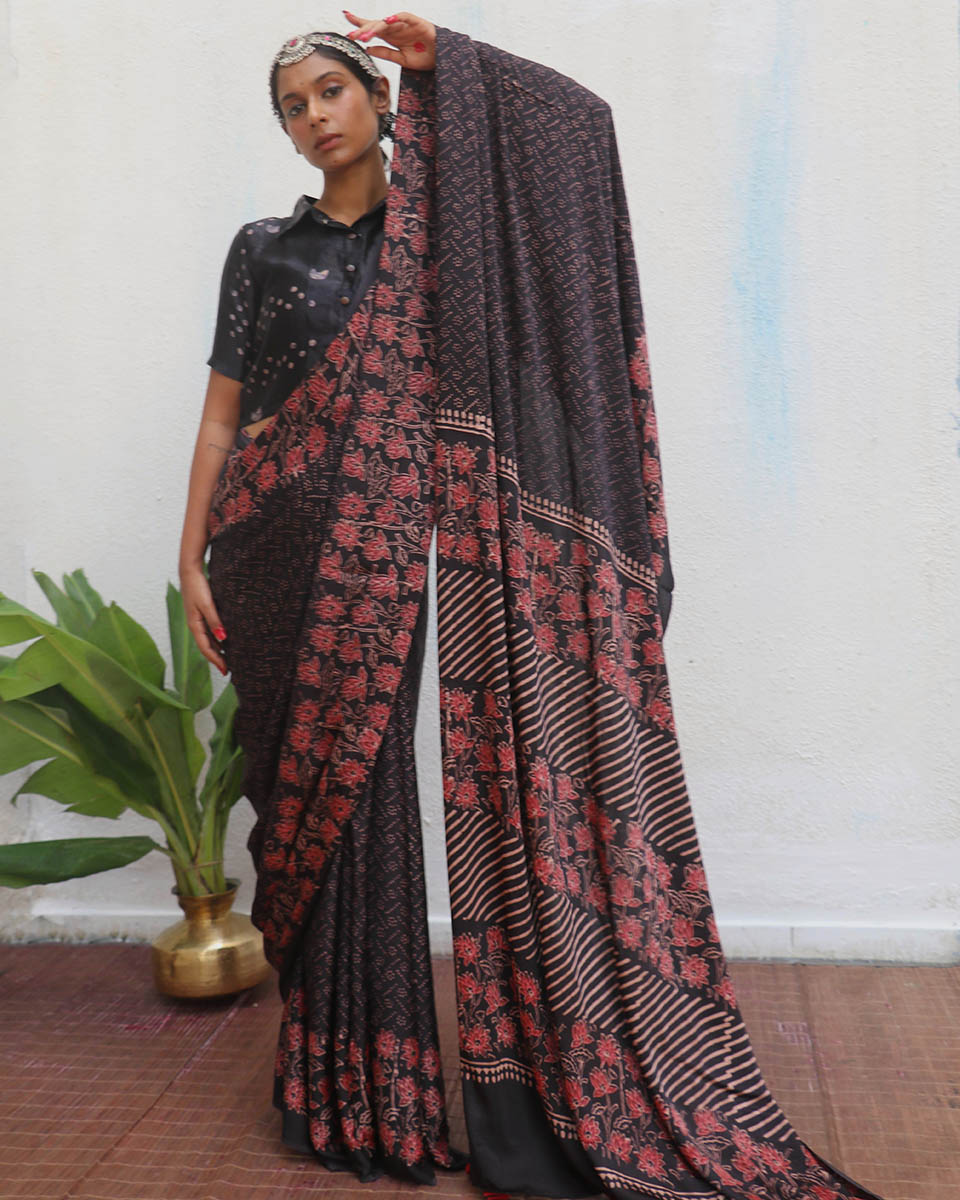 Rahi Blockprinted Modal Silk Saree - Jaisal