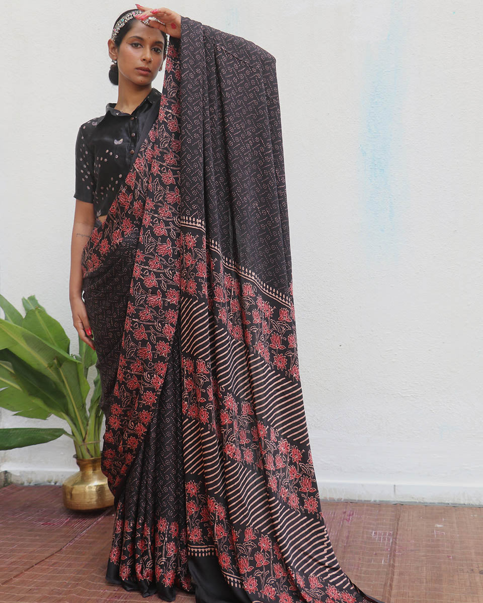 Rahi Blockprinted Modal Silk Saree - Jaisal