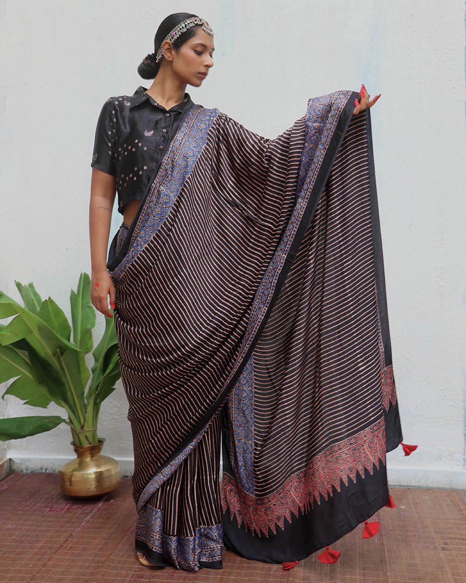 Bhumika Blockprinted Modal Silk Saree - Jaisal