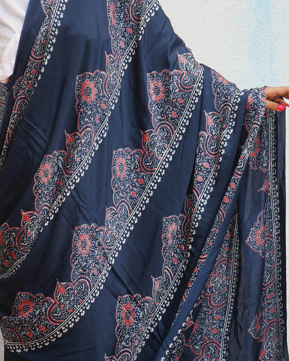 Elishat Blockprinted Modal Silk Saree - Jaisal