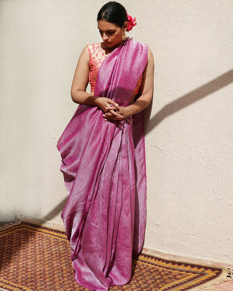 Madhumayi Purple Handwoven Linen Zari Saree - TOG