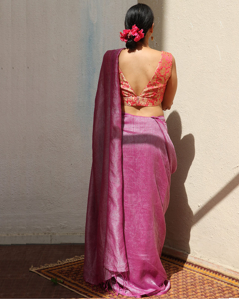 Madhumayi Purple Handwoven Linen Zari Saree - TOG