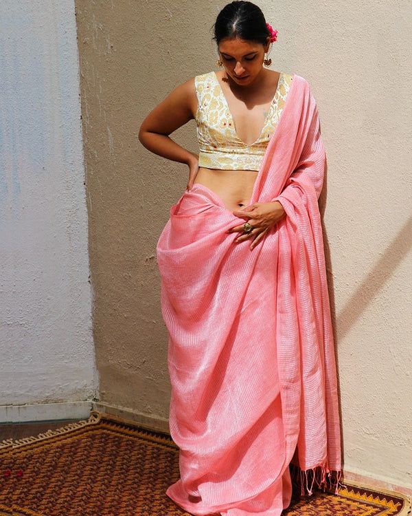Dilruba Baby Pink Handwoven Linen Zari Saree with Brocade Blouse - TOG