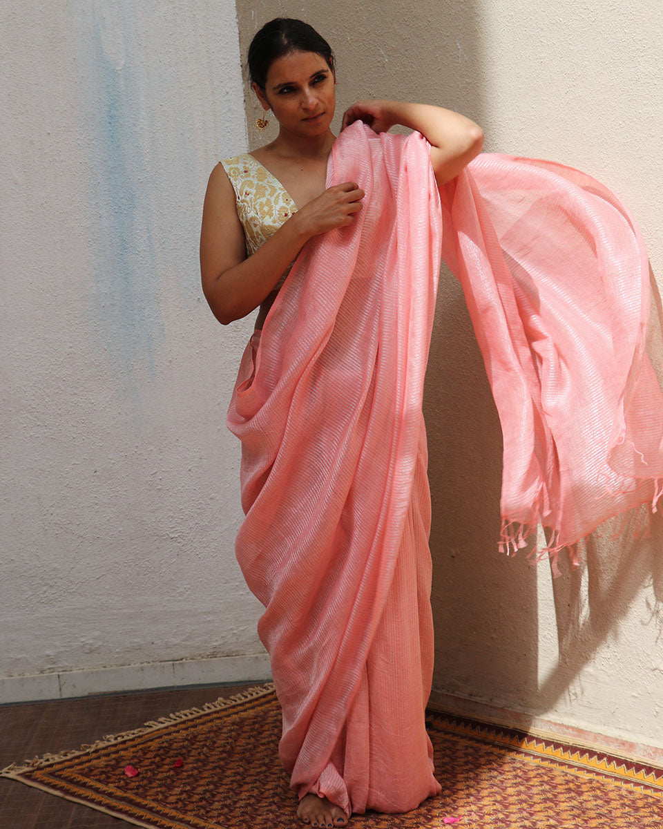 Dilruba Baby Pink Handwoven Linen Zari Saree - TOG