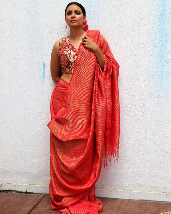 Saffron Handwoven Linen Zari Saree with Brocade Blouse - TOG