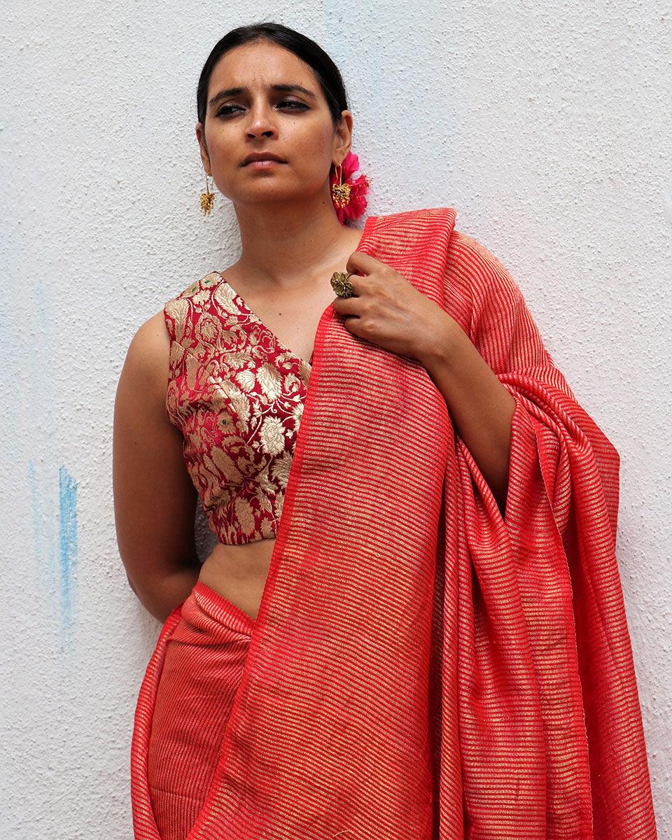 Linen saree | Linen zari saree | Linen saree online | Chidiyaa